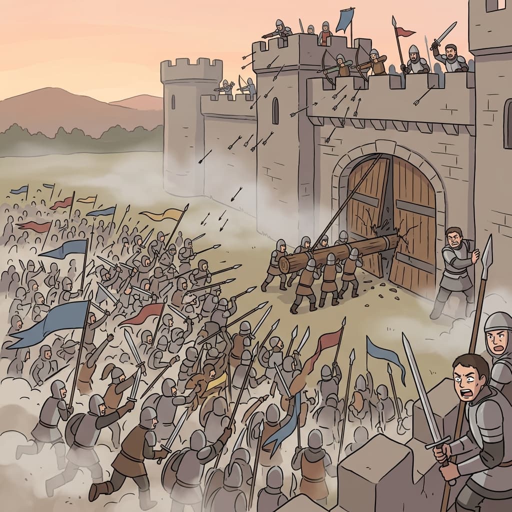 Medieval defenders brace as a violent onslaught of enemy warriors crashes against the castle gates.