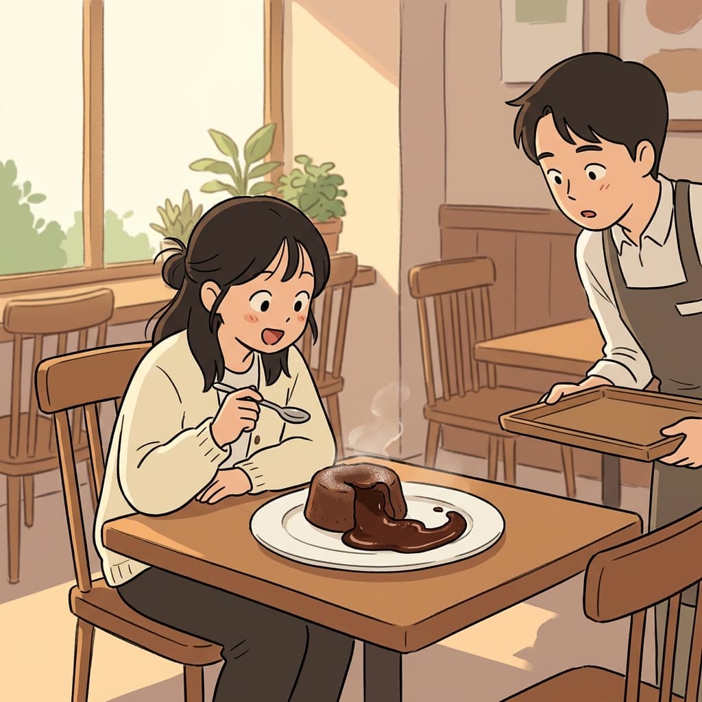 Thick chocolate syrup begins to ooze slowly from the melting cake onto the plate.