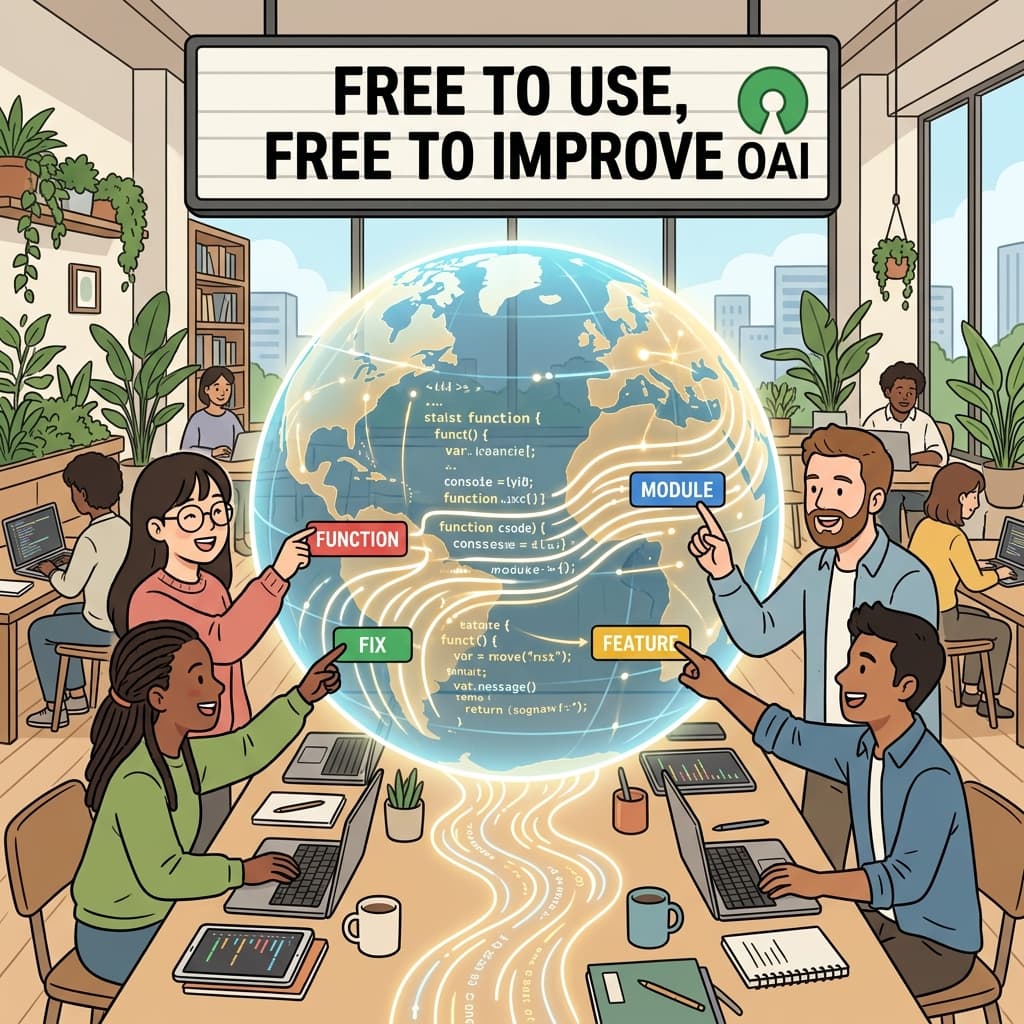 Developers worldwide freely share and improve open-source code together online.