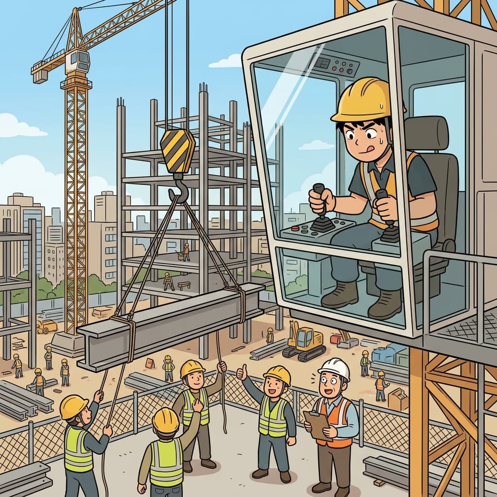 The crane operator lifts a massive steel beam with careful precision.