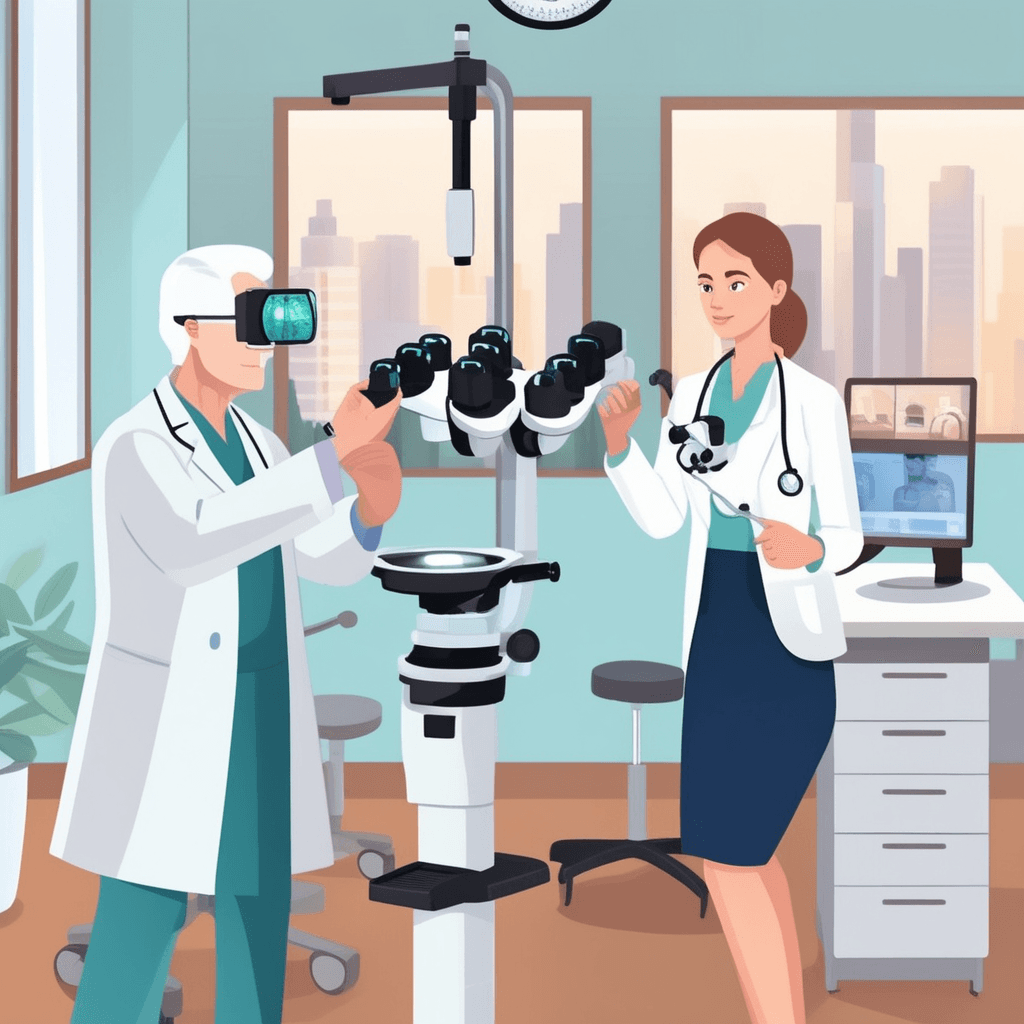 an ophthalmologist wearing a white coat carefully examines a patient's eye using a specialized ophthalmoscope instrument. The doctor holds the device close to the patient's face while looking through the eyepiece to inspect the retina. The patient sits still in the examination chair as bright light from the instrument illuminates their eye. The doctor's focused expression shows concentration as they diagnose potential eye disorders. Medical equipment and eye charts fill the background of the examination room. A nurse assists by taking notes on the patient's eye health condition. the branch of medicine and surgery concerned with the diagnosis and treatment of disorders and diseases of the eye
