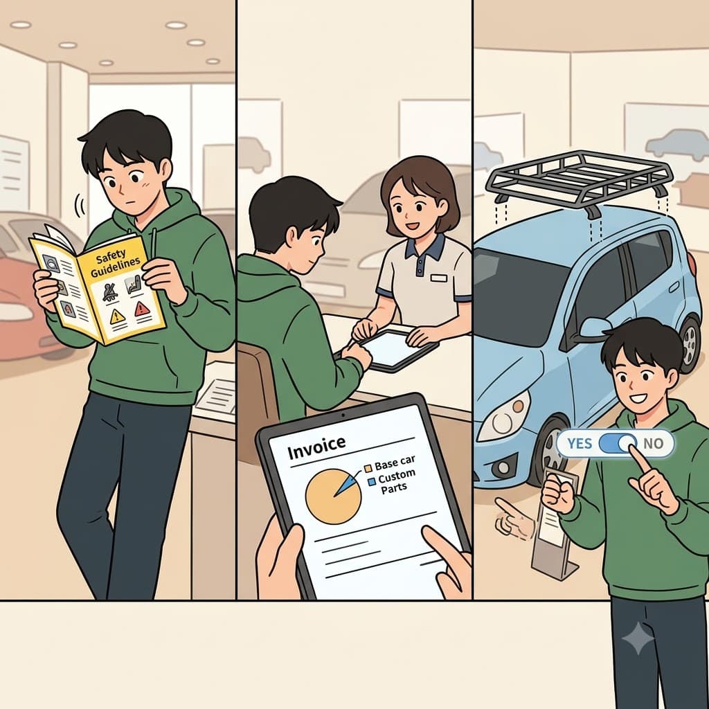 Reading the car guide with caution-all over the pages and paying only a fraction-all for the extra roof rack, he made the item purely optional.
