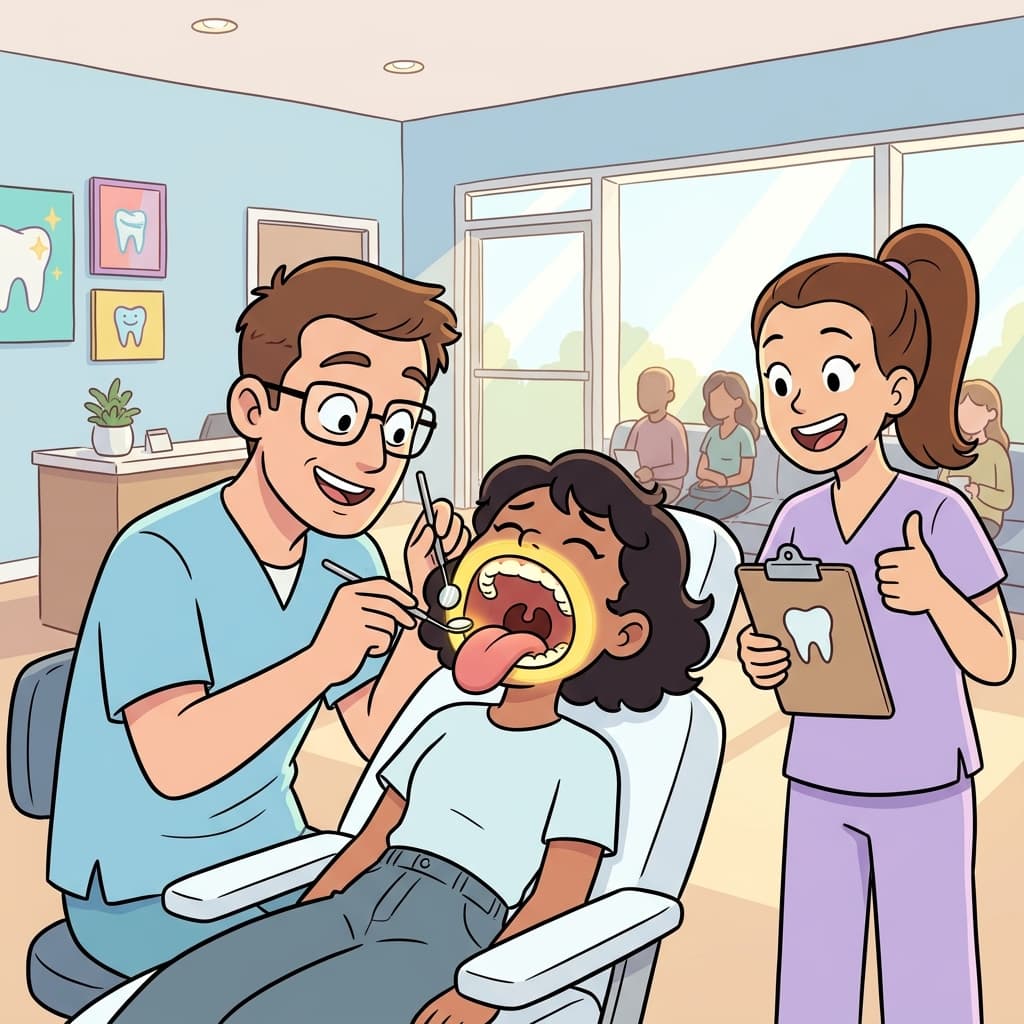 The dentist checks her oral health during the routine morning checkup.