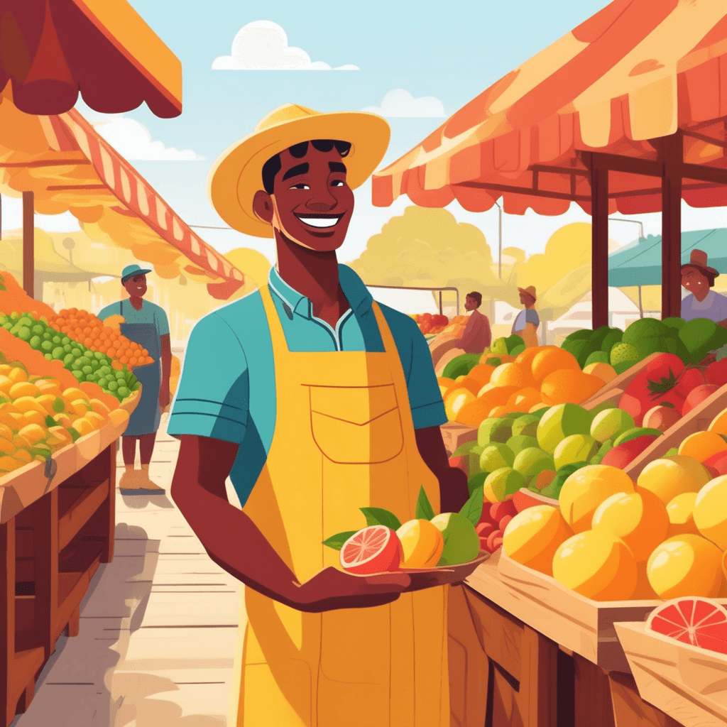 a cheerful fruit vendor holds up a perfectly round citrus fruit with tough, bright reddish-yellow rind for a customer to see. The vendor points to the fruit's distinctive colored skin while explaining its freshness. The customer reaches forward with interest, examining the fruit's smooth, vibrant outer surface. Other similar round citrus fruits with the same bright reddish-yellow coloring sit arranged in wooden crates nearby. a round citrus fruit with a tough bright reddish-yellow rind being displayed and examined