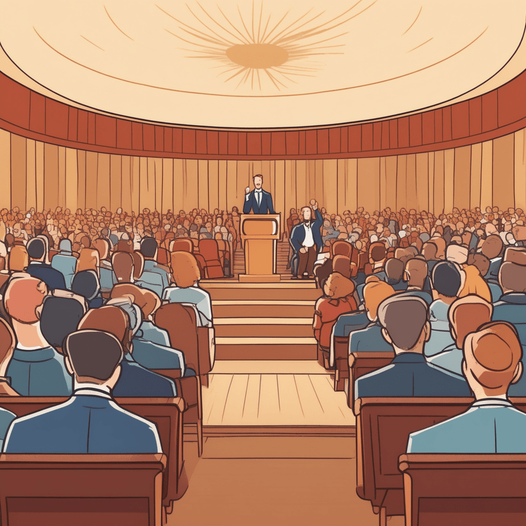 a confident speaker stands at a wooden podium with one hand raised expressively while gesturing toward the audience. Their mouth is open mid-speech with an animated, passionate expression as they deliver their message. The speaker's confident posture and flowing gestures captivate everyone listening. Rows of audience members lean forward attentively with engaged faces and some nodding in agreement. A few people in the front row have their hands clasped together, completely absorbed by the eloquent presentation. a person who gives speeches and is skilled in public speaking