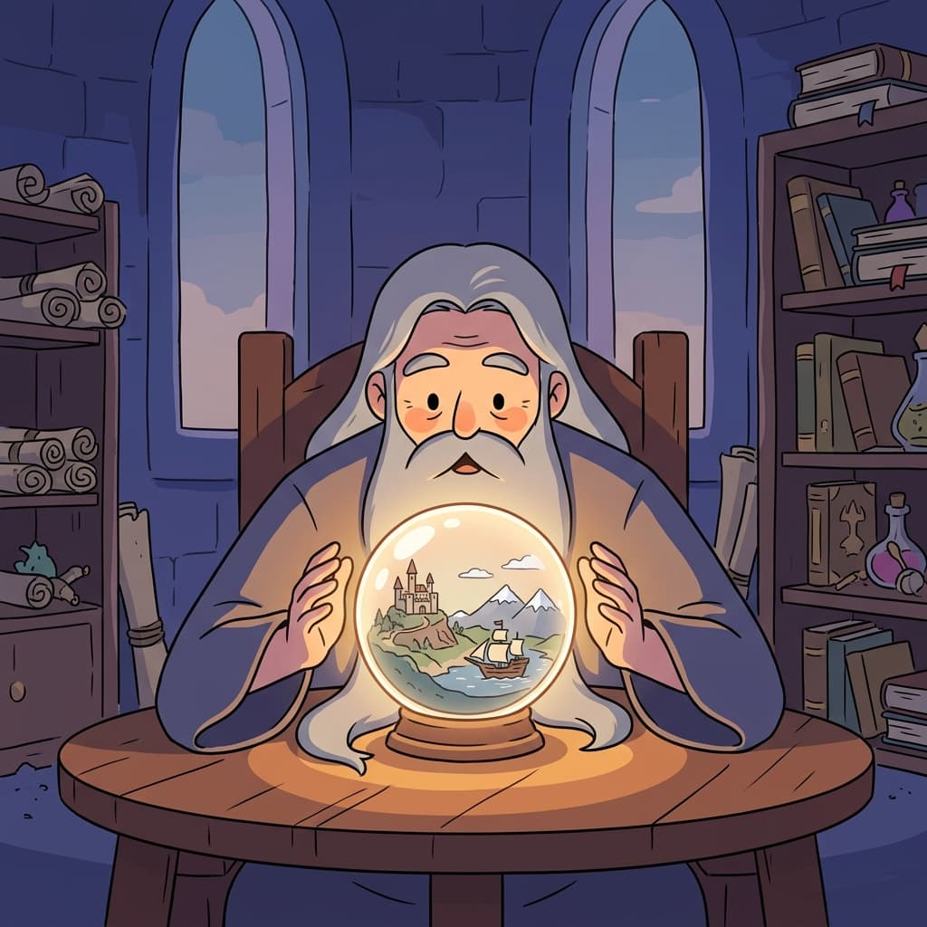 The wizard cradles a glowing orb that reveals distant lands.