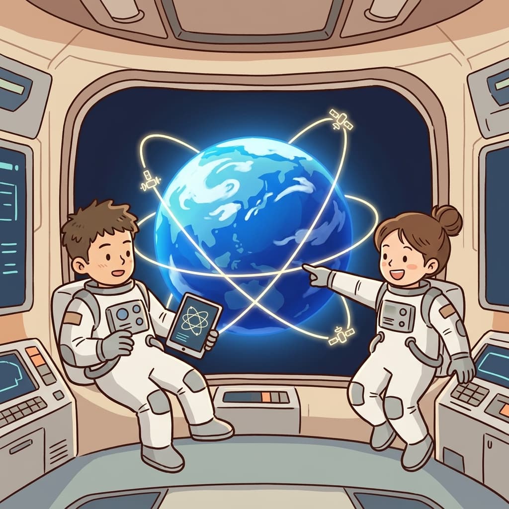 Astronauts watch satellites trace orbital paths around the blue Earth below.
