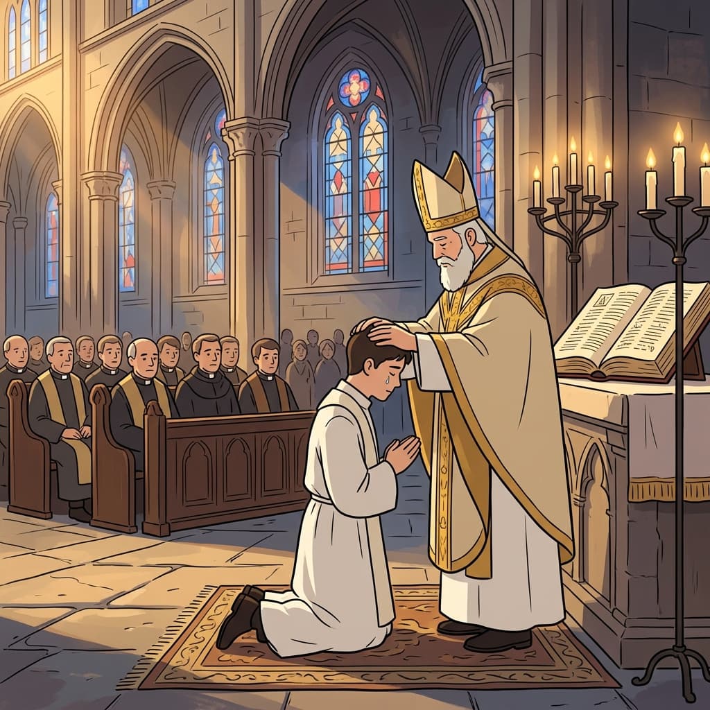 The bishop solemnly ordains the young priest in the cathedral.