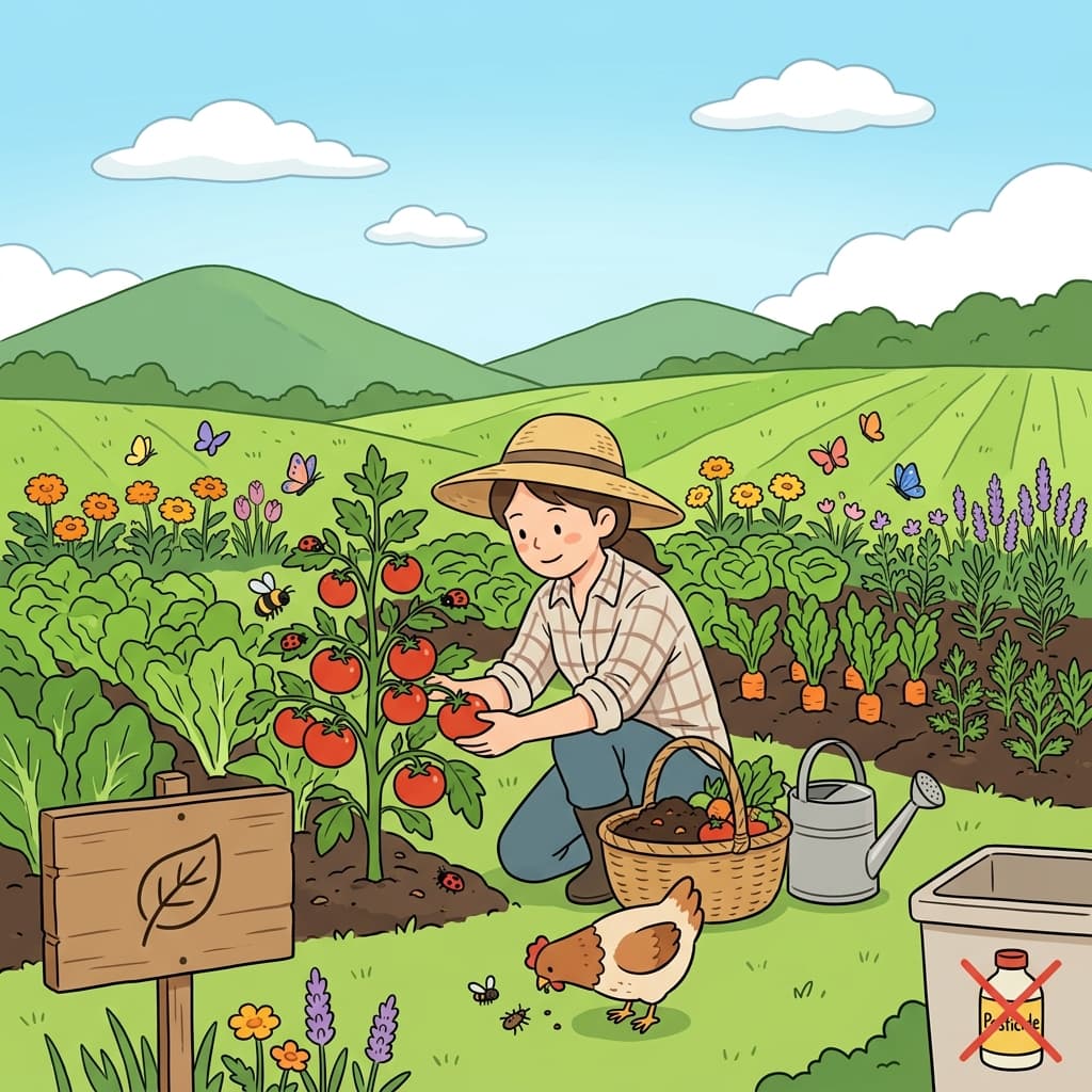 She practices organic agriculture, growing tomatoes without chemicals or synthetic pesticides.