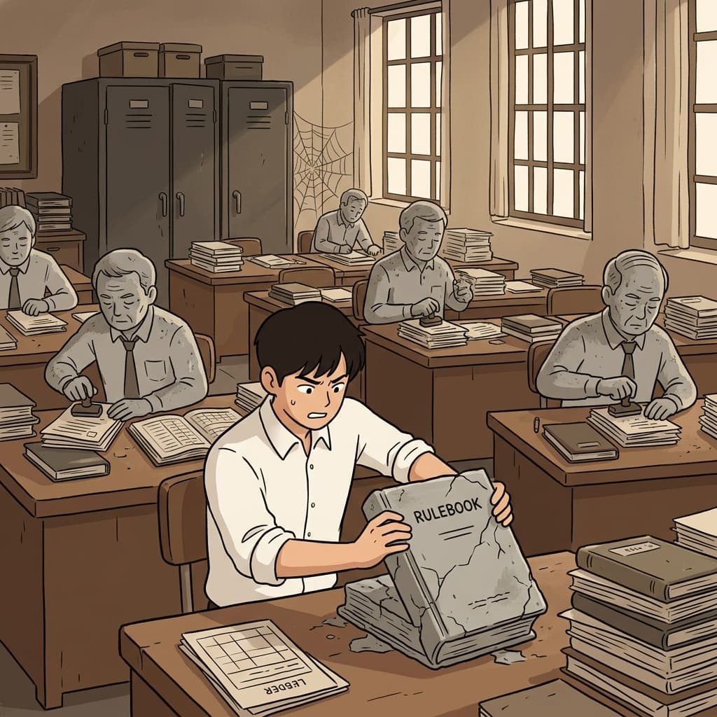 Old bureaucratic rules ossify over decades, turning the office into a museum of dust.
