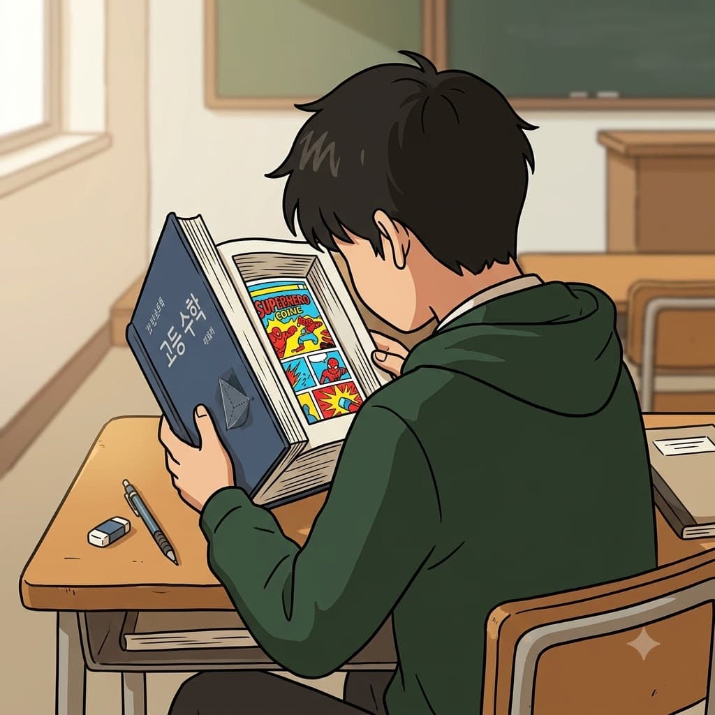 He was ostensibly studying, but a comic book was hidden inside the textbook.