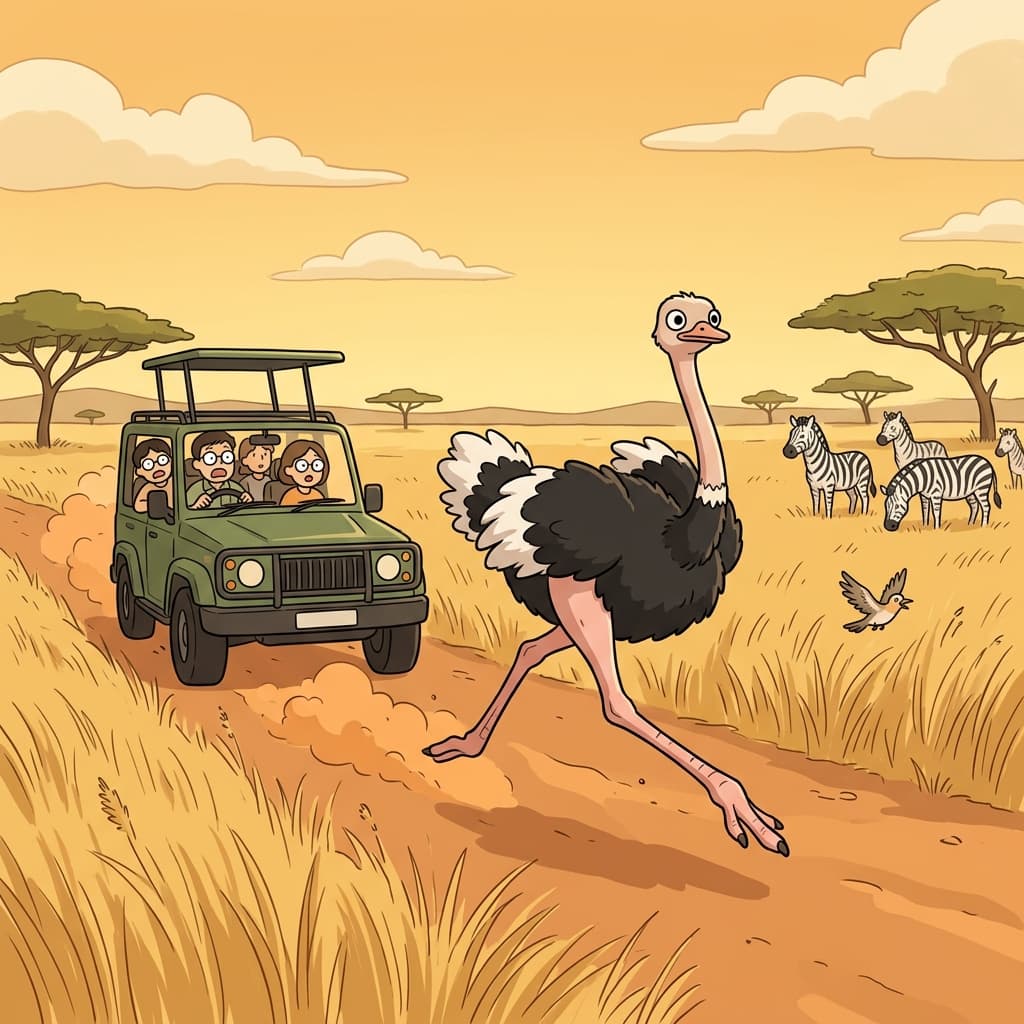 The ostrich sprints across the savanna faster than the jeep chasing it.