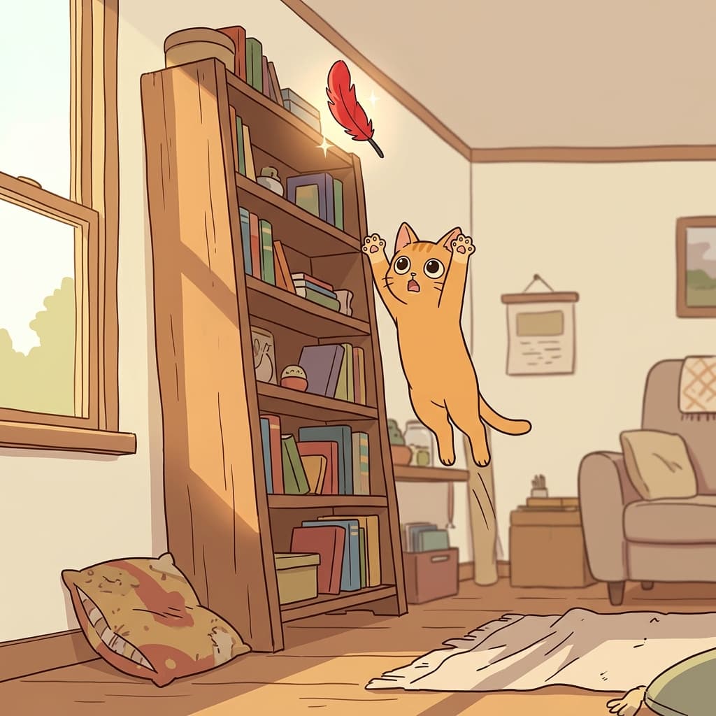 The kitten's favorite toy is out of reach on the top shelf.