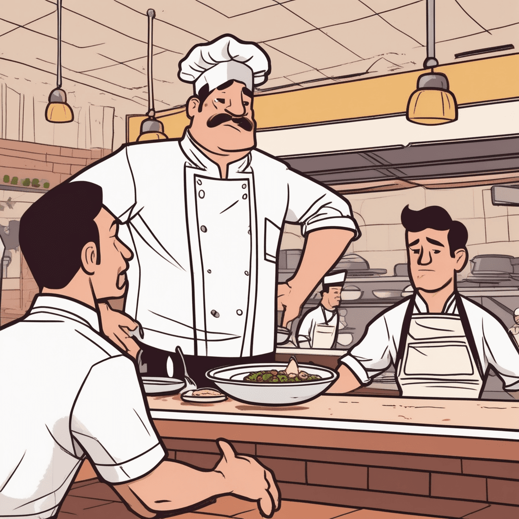 a frazzled waiter approaches the head chef holding an order slip with an urgent expression. The waiter gestures desperately while the chef immediately shakes his head and waves his hands dismissively. The chef points to the packed kitchen with dishes piling up and multiple orders cooking simultaneously. Steam rises from overworked pans while other kitchen staff rush around frantically in the background. The chef's firm rejection shows this additional complicated order is completely out of question during the dinner rush. something being impossible and not to be considered