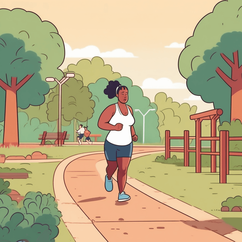 an overweight person in workout clothes struggles to jog slowly along a park trail, breathing heavily with sweat dripping down their face. Their friend jogs easily beside them, looking concerned and supportive. The struggling jogger clutches their side and appears completely winded after just a short distance. Meanwhile, other fit joggers pass by effortlessly in the background. A park bench sits nearby where the exhausted person clearly needs to rest. The friend reaches out to offer encouragement and support. someone who is not in good physical condition and lacking fitness