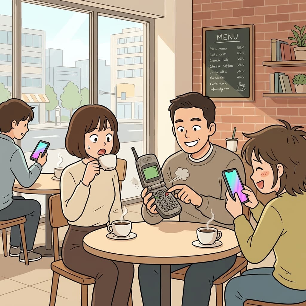 His outdated flip phone looks hilarious next to everyone's sleek smartphones.