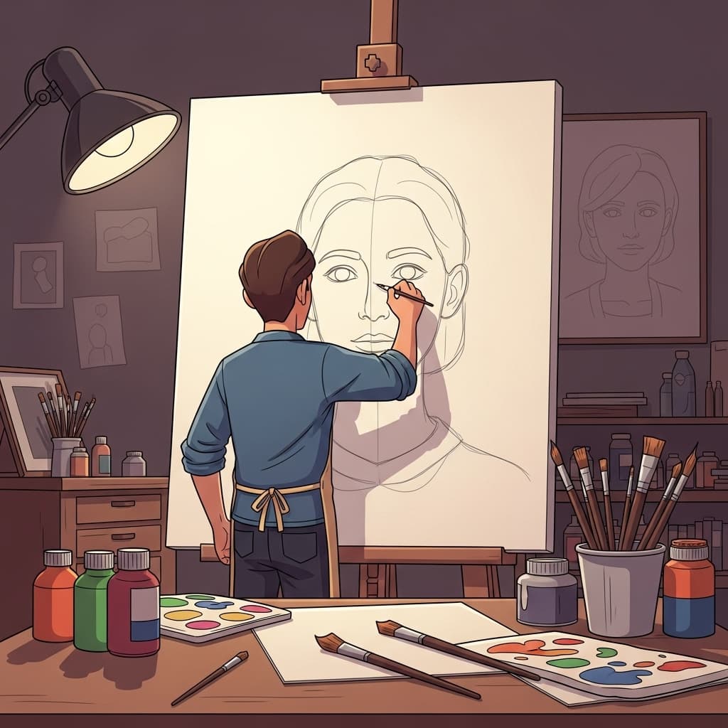 The artist lightly outlines the shape before painting.