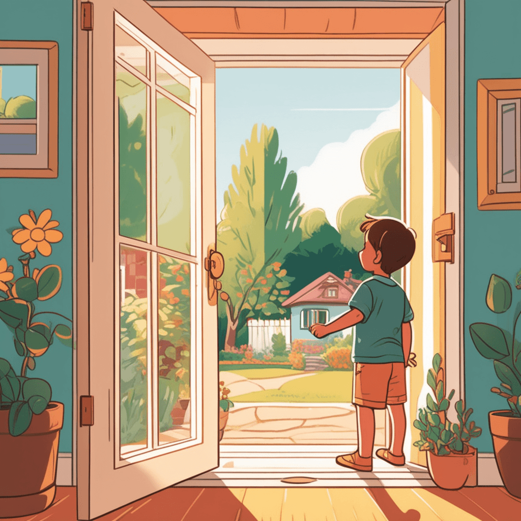 a young child stands at an open front door, reaching one hand toward the bright sunny garden while looking back at their parent inside the house. The child's body is positioned halfway between the indoor hallway and the outdoor porch. Inside the house, warm lamplight illuminates furniture and decorations in the background. Outside the door, colorful flowers, green grass, and blue sky create a completely different environment. A parent waves from inside while the child steps toward the garden outside. the clear boundary between the indoor space and the outer area beyond the house.