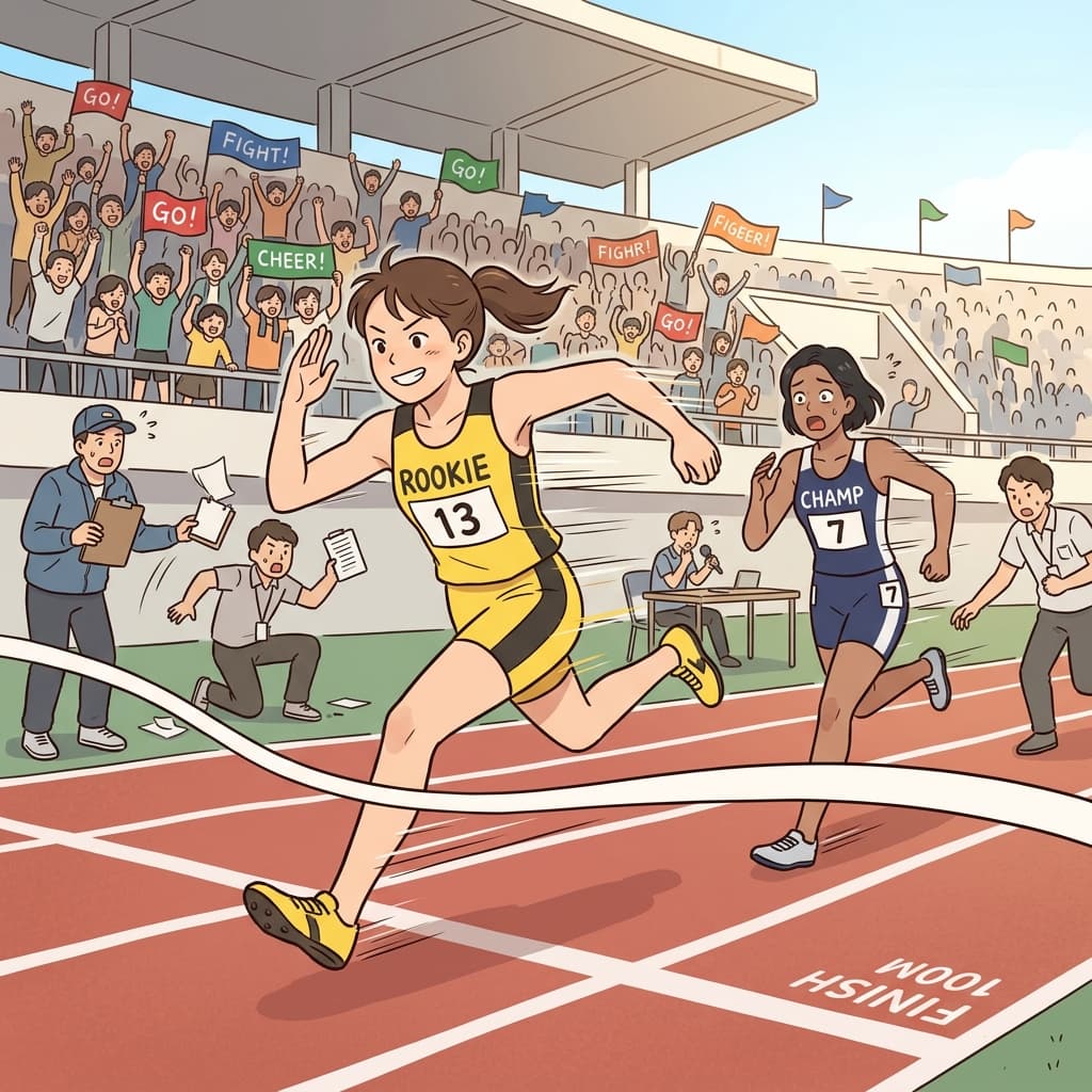 The rookie sprinter outstripped the champion at the final stretch.
