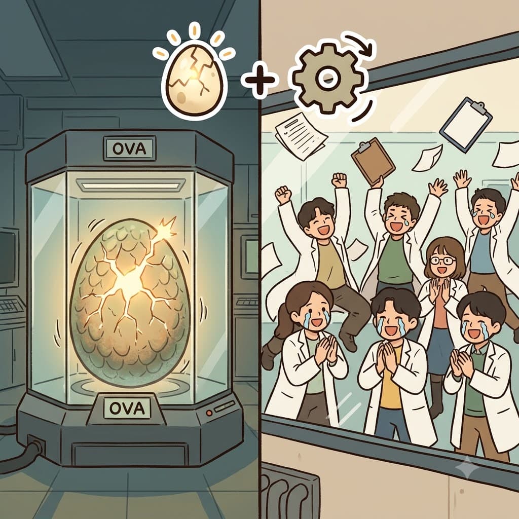 OVA(egg) + TION(process) — watching the rare dinosaur OVA(egg) successfully complete its hatching process(TION), the scientists erupted in a massive ovation.