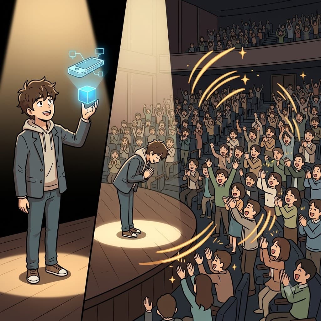 After presenting his world-changing technological innovation, the genius inventor received a thunderous standing ovation from the crowd.