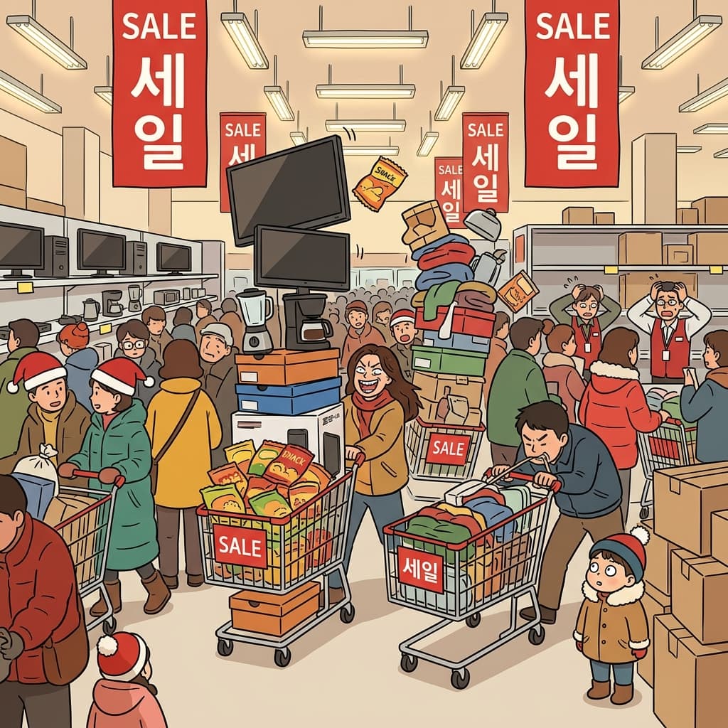 Black Friday shoppers pile carts sky-high, showing overconsumption at its peak.