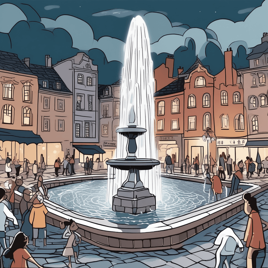 The fountain's overflow creates rivers below, making moonlit waters glow!