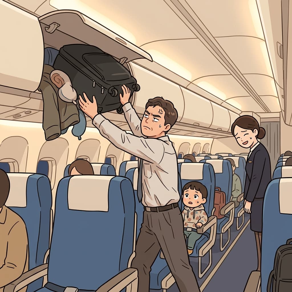 He stuffs his oversized bag into the overhead compartment before takeoff.