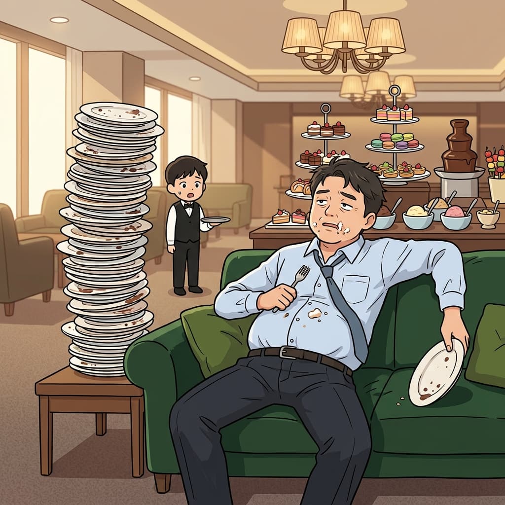 His overindulgence at the dessert buffet left him groaning on the couch.