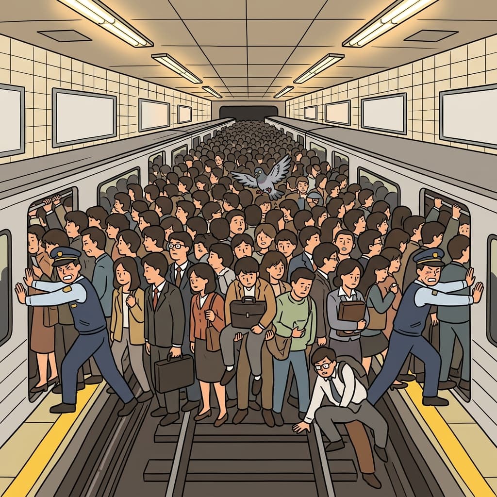 Overpopulation crams the subway platform until commuters spill onto the tracks.