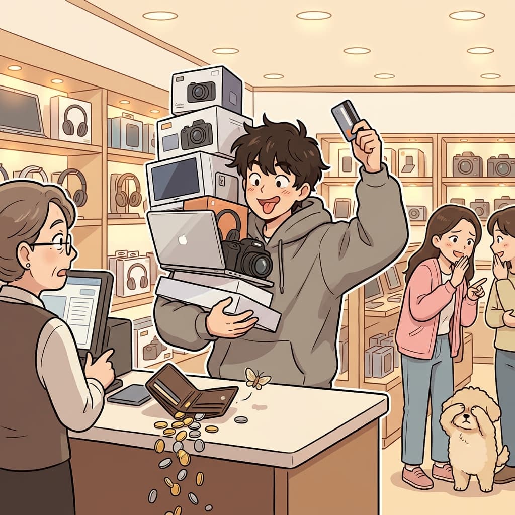 He continues to overspend on gadgets until his wallet is completely empty.
