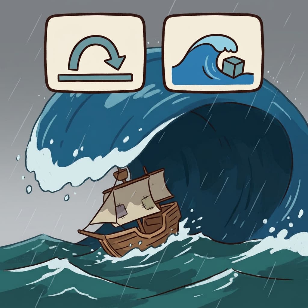 OVER(above) + WHELM(engulf) — a giant wave crashing OVER the ship to engulf it will overwhelm the crew.