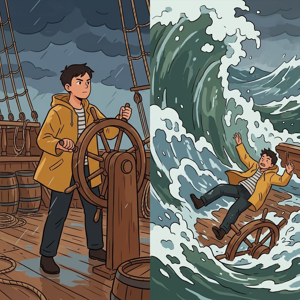 He gripped the helm, but the overwhelming waves took control.