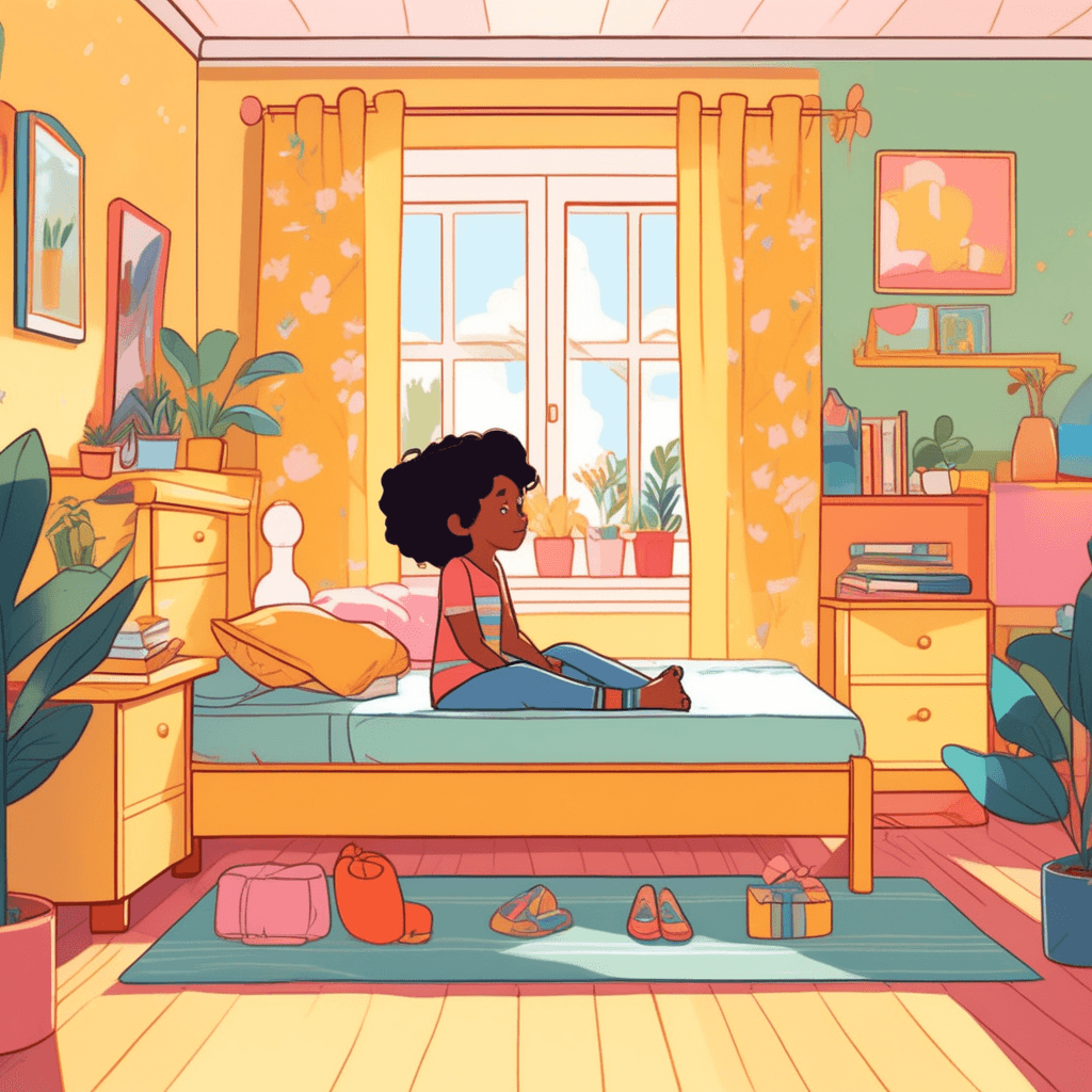A child proudly displays their own decorated bedroom filled with personal belongings