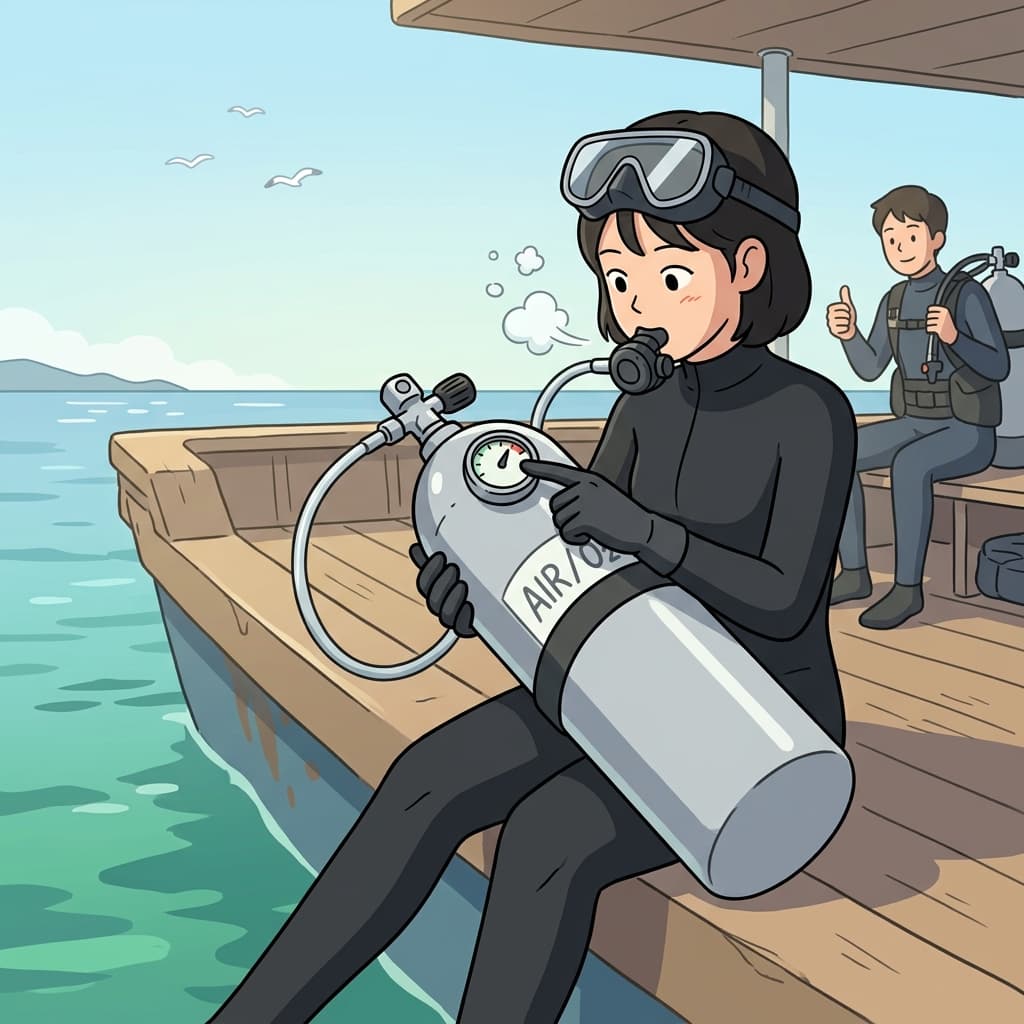 The diver checks her oxygen tank before descending into the deep blue.