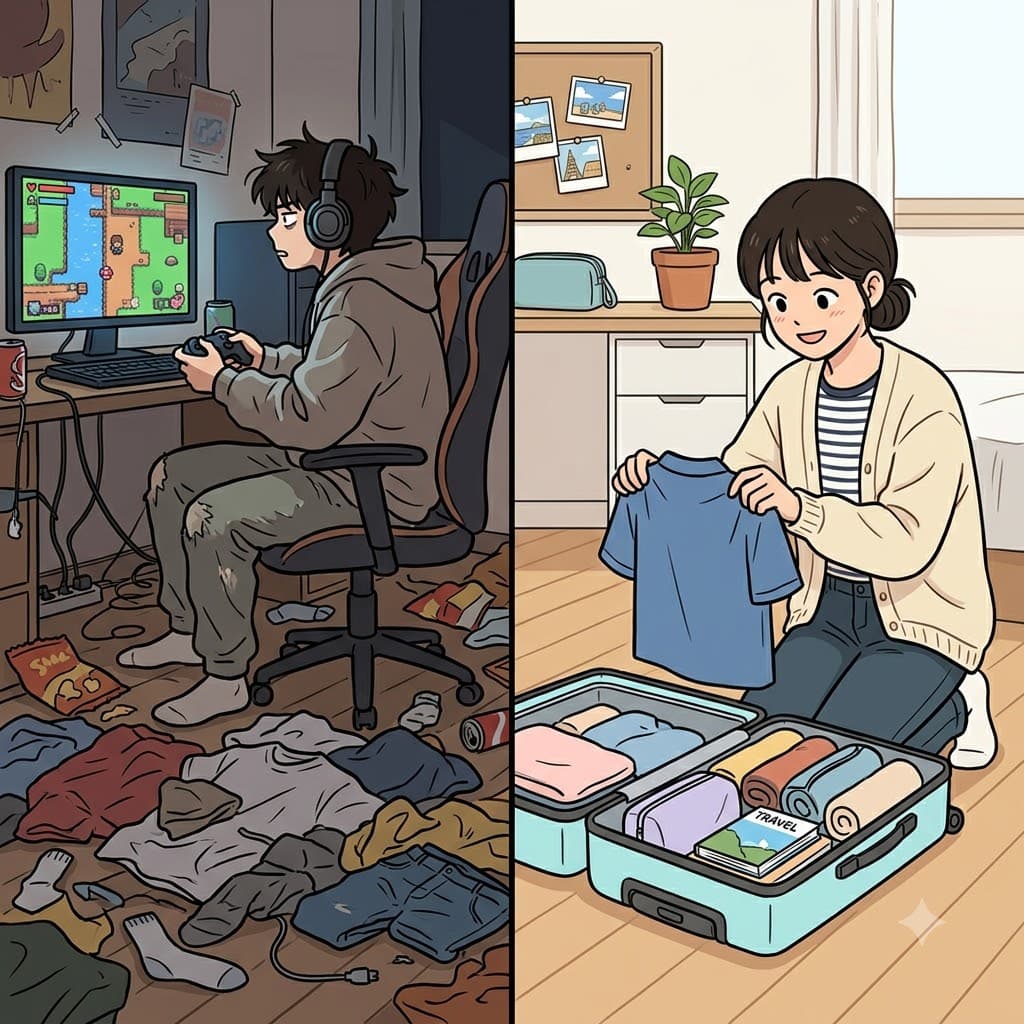While the lazy boy threw his clothes on the floor, the organized girl carefully folded her shirts to pack her suitcase for the trip.