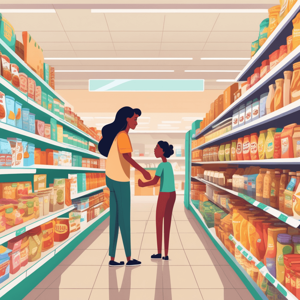 a mother carefully examines a colorful cereal box while holding it in her hands. She reads the packaging information as her young daughter points excitedly at cartoon mascots on the box. Behind them, shelves are stocked with rows of canned goods, boxed meals, and wrapped snacks. Another shopper reaches for packaged crackers from a nearby shelf. food products that have been processed, sealed, and prepared for retail sale in containers or wrappings