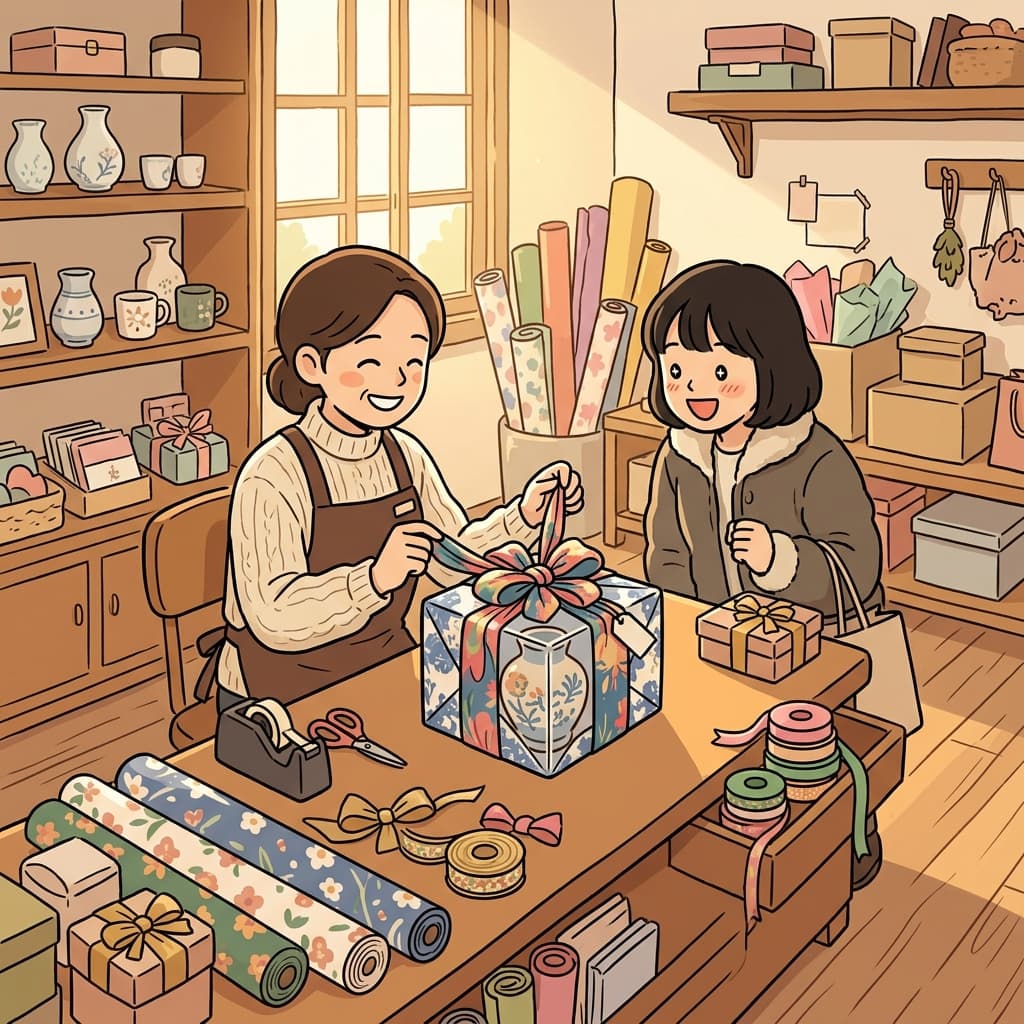 The gift shop clerk wraps the fragile vase in elegant packaging with ribbons.