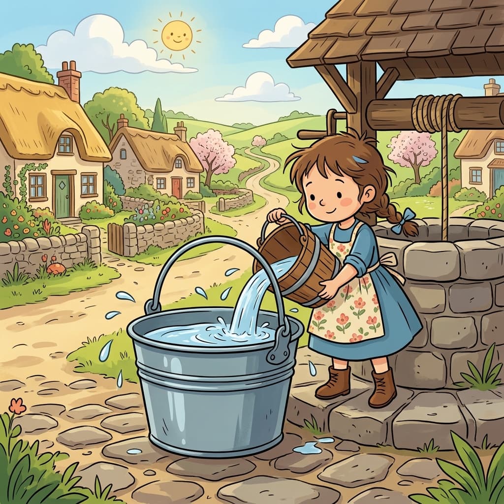 The little girl filled a pail with water from the well.