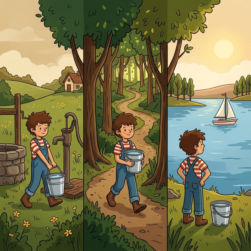 The boy carried a pail along a trail and later watched a boat sail away.