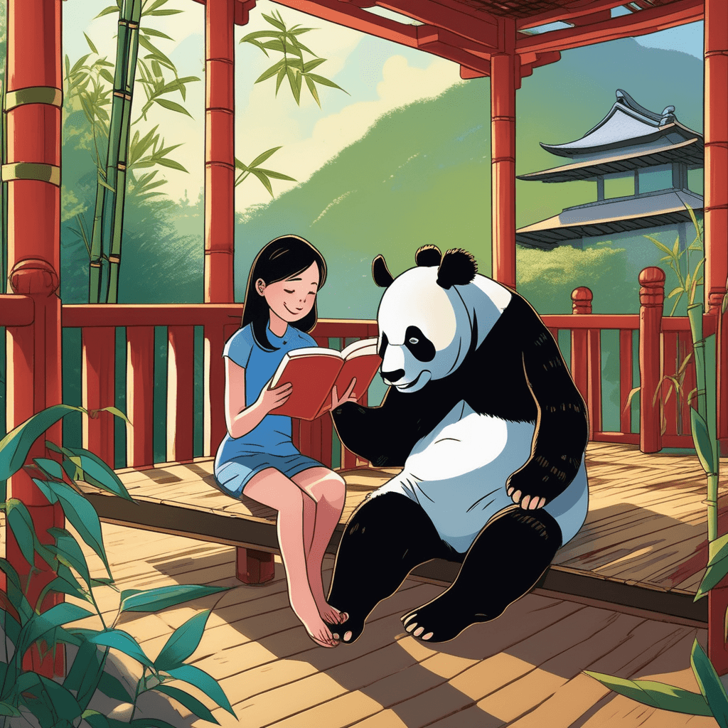 Amanda and the panda share bamboo on the veranda!