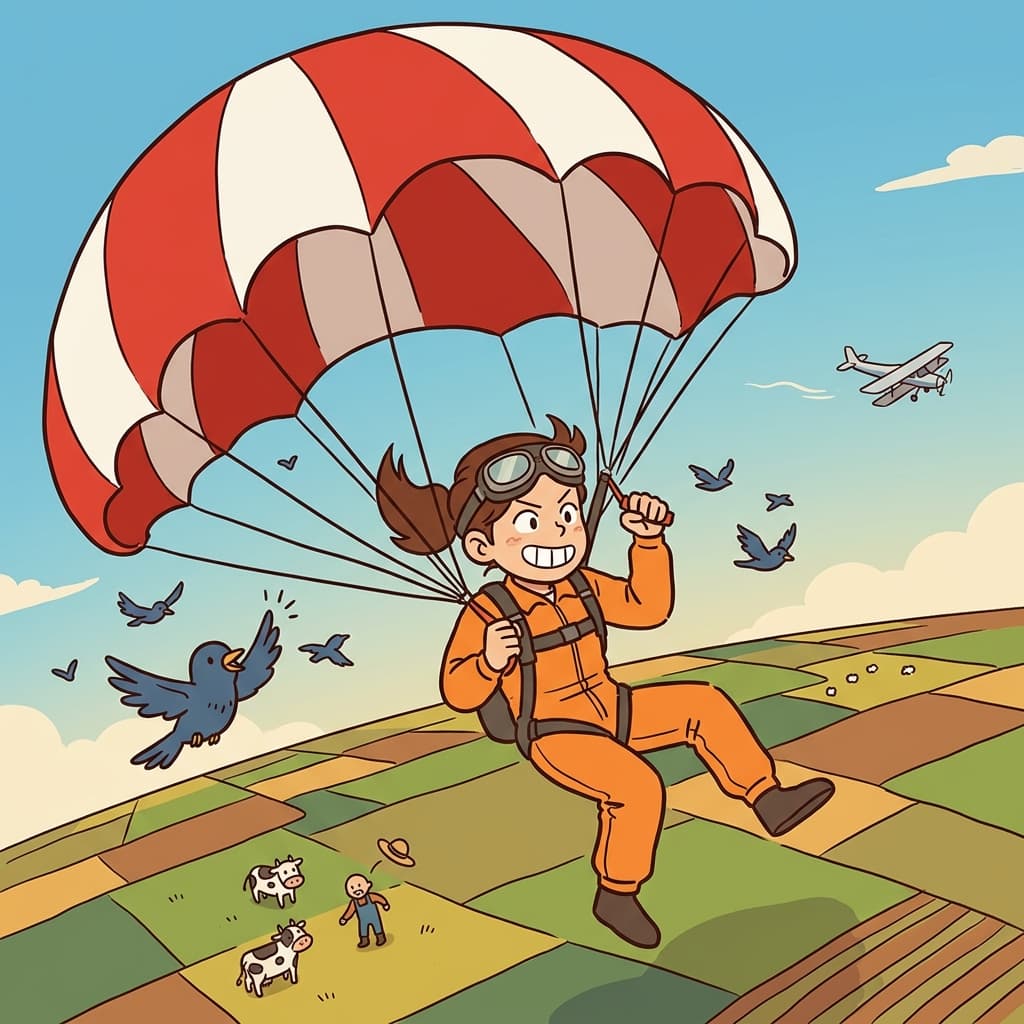 A skydiver opens her parachute and floats gently above the green fields below.