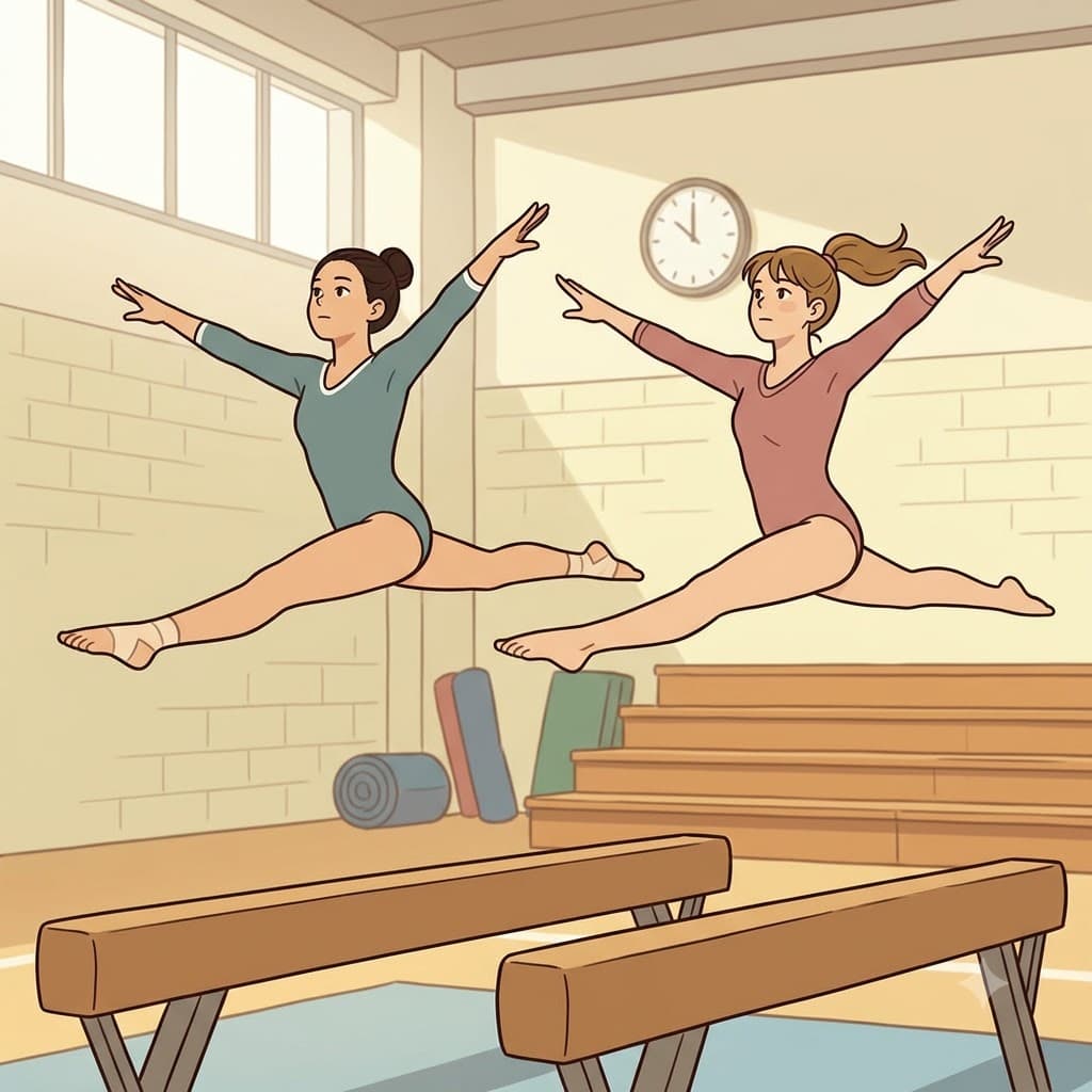 The two gymnasts leaped over the balance beams, their bodies moving in perfect parallelism.