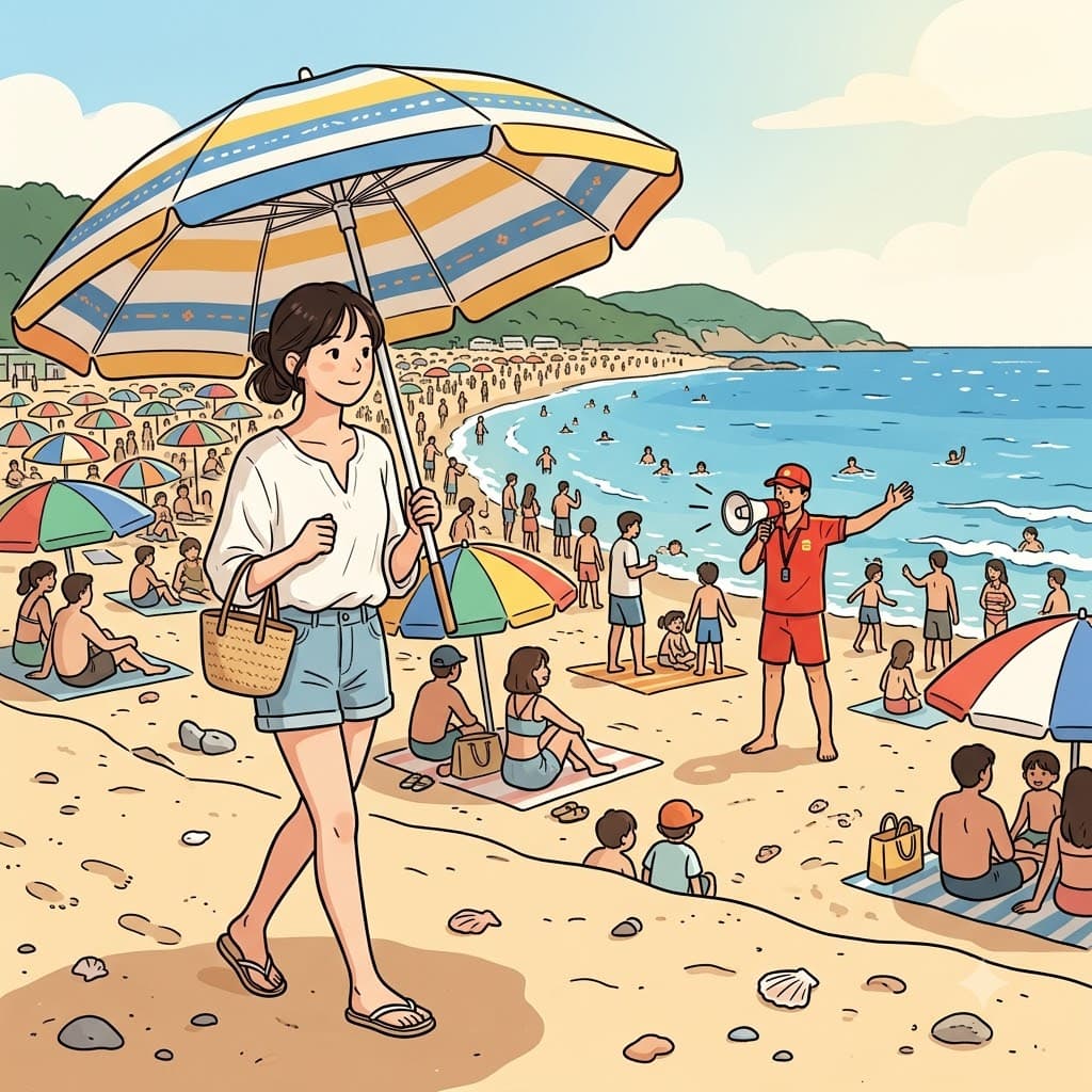 She carried a parasol while the beach patrol kept the crowded shore under control.