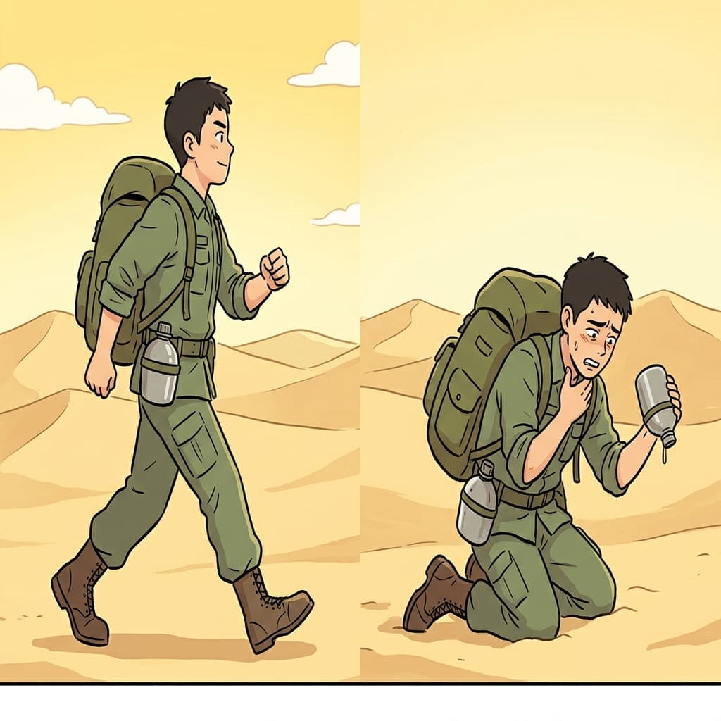 After a long march in the desert, the sun began to parch his throat.