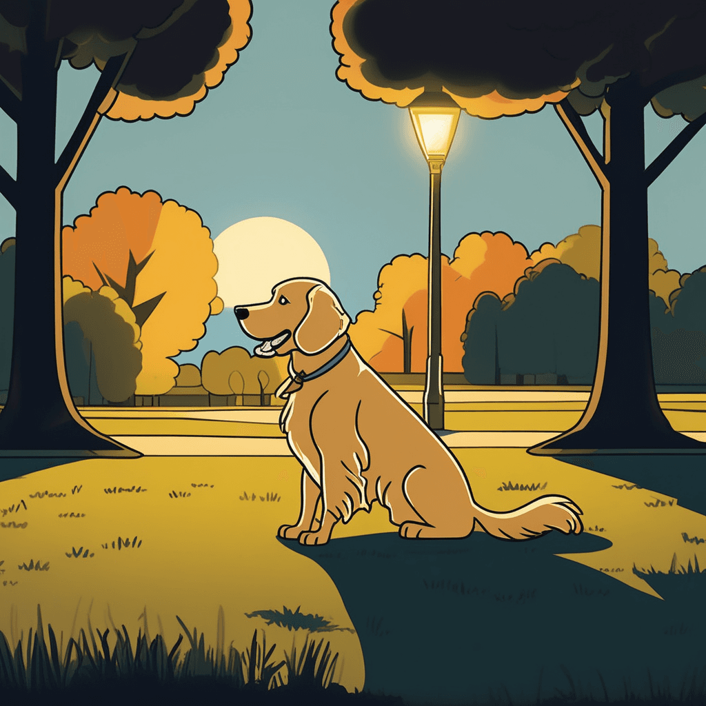 In the dark park, the dog's bark warns of night's mark