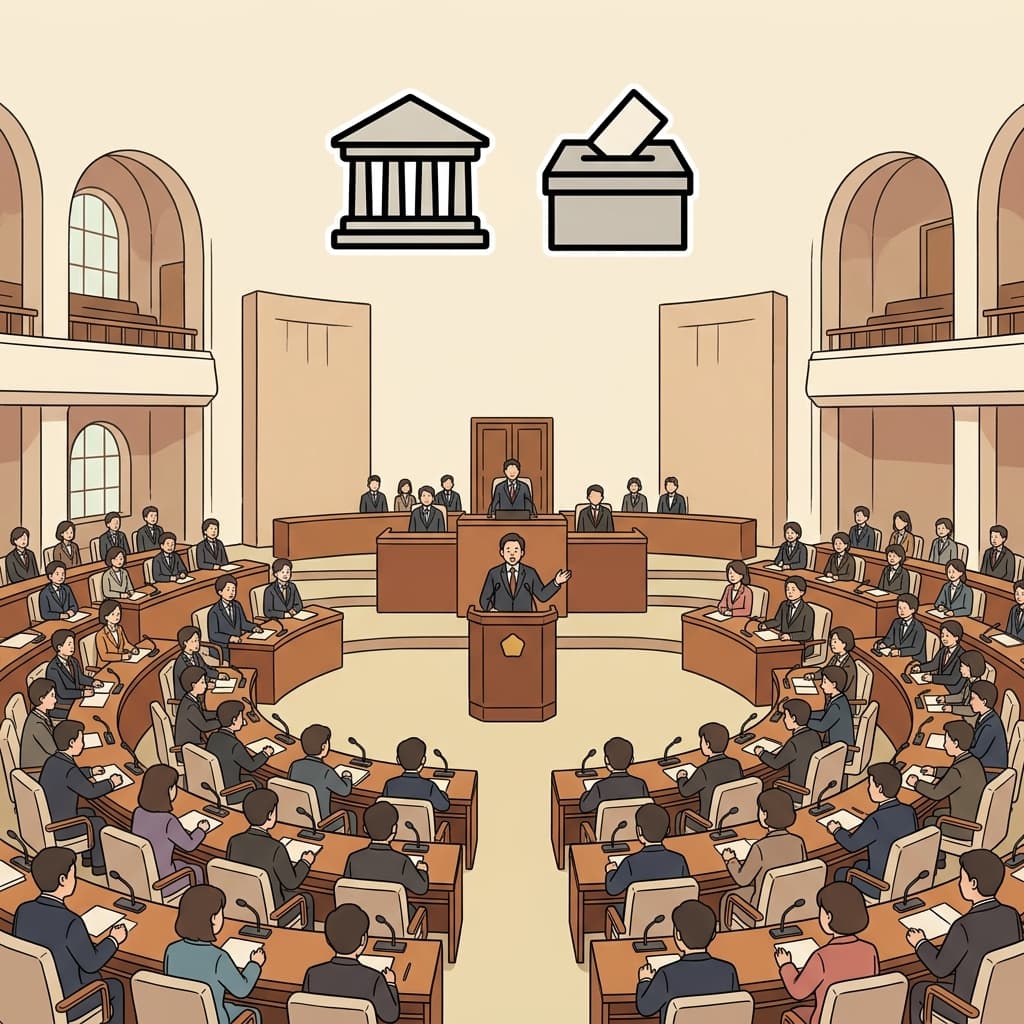 The parliamentary session began as lawmakers entered the chamber. (🏛️ Parliament + 🗳️ Vote → Parliamentary)