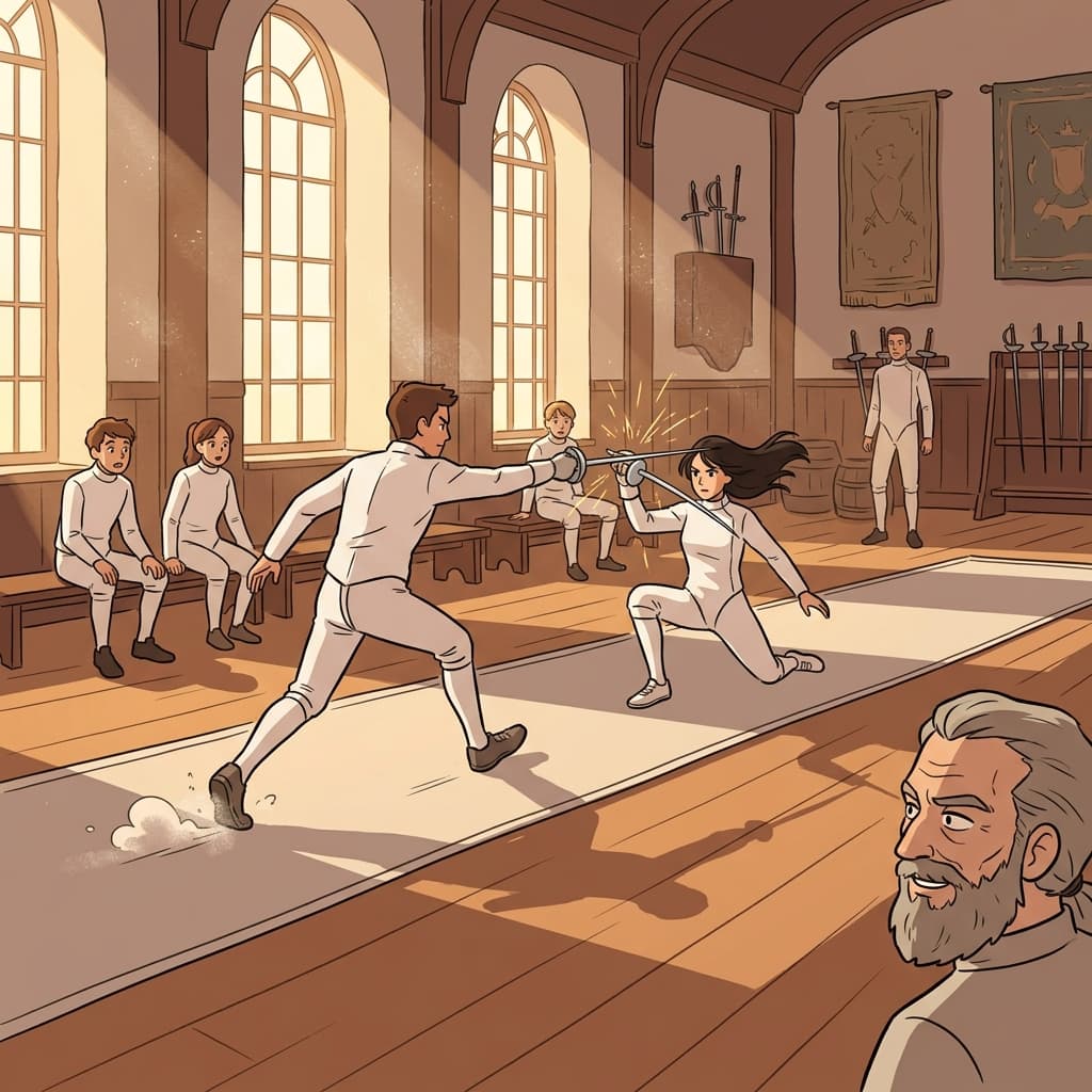 The fencer's blade flashed up just in time to parry the sudden thrust aimed at her heart.