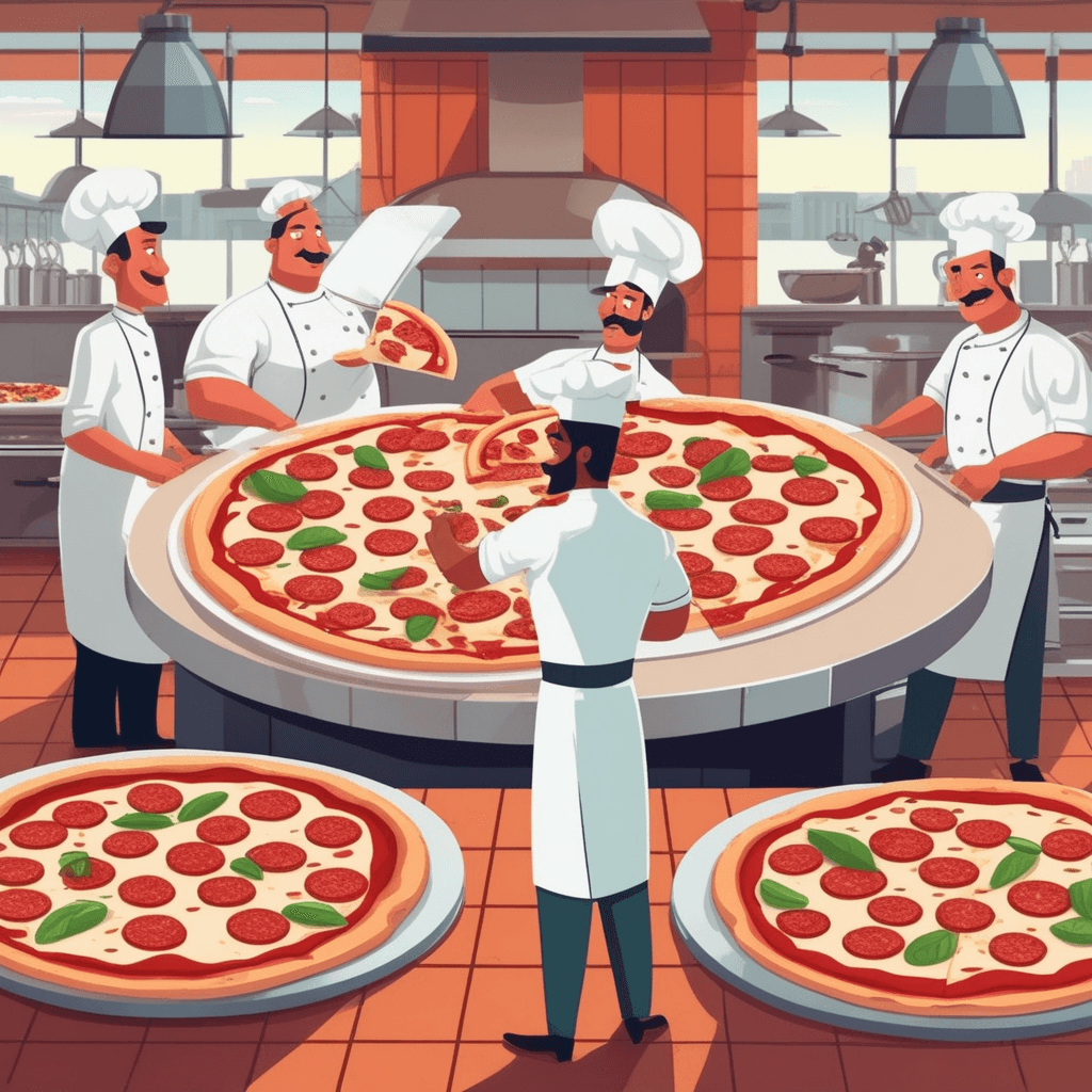 A chef cuts the pizza into individual parts with a pizza cutter