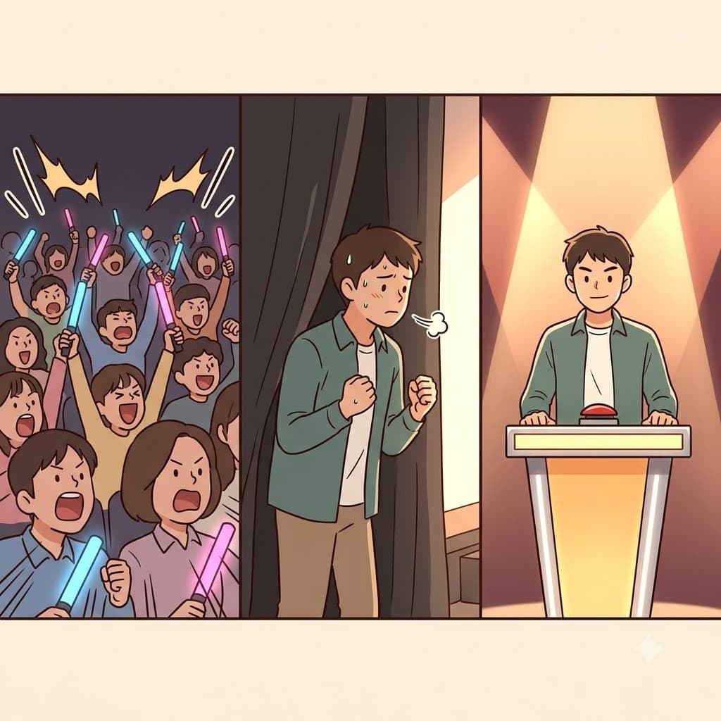 Hearing the loud, encouraging chant from the crowd, he bravely stepped onto the stage as a game participant.